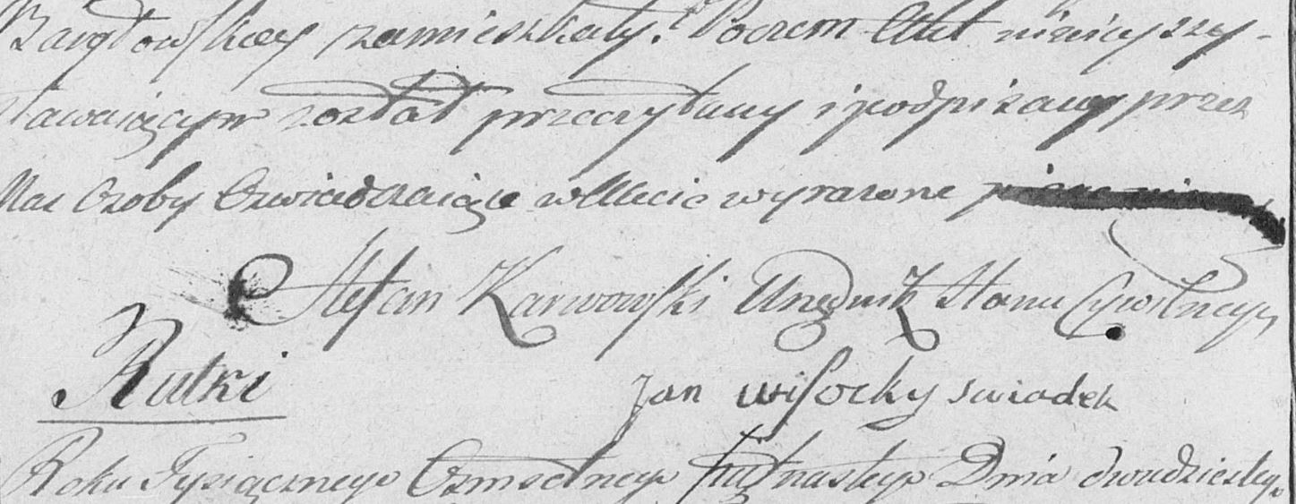 Podpis karczmarza Jana Wysockiego jako świadka w akcie zgonu z 1815 r.