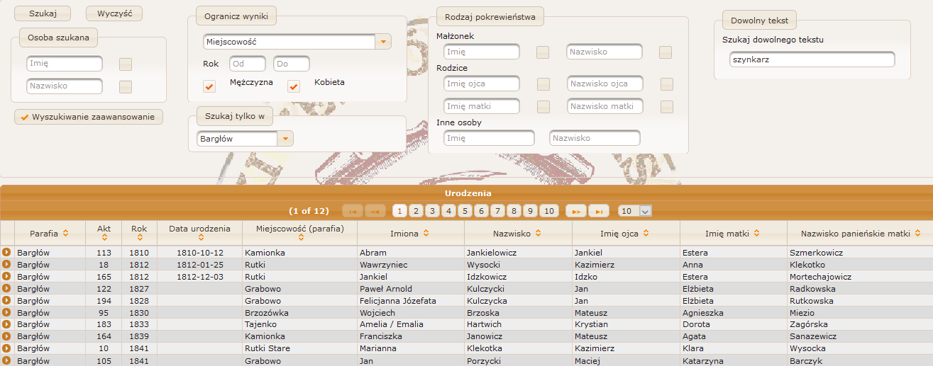 Zaawansowany interfejs wyszukiwania Geneo - Wyszukiwanie według parafii Bagłów i słowa kluczowego - szynkarz.