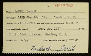 Certyfikat naturalizacji Ludwika Janika z 1957 r., źródło: FamilySearch