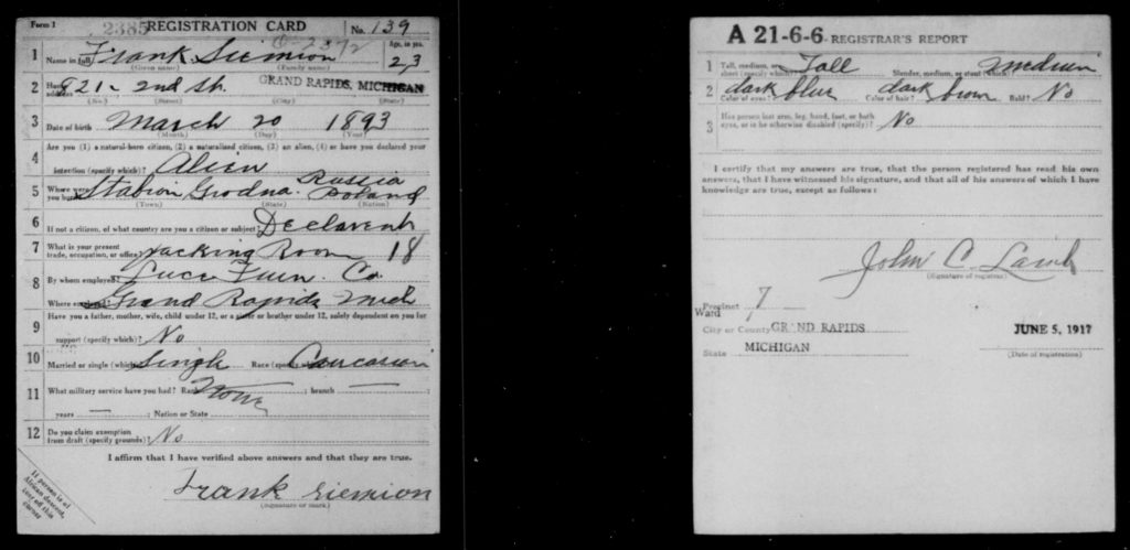 Rejestracja do armii Franciszek Siemion. Brał udział w wojnie polsko-bolszewickiej . Wrócił do Stanów w 1920 r.