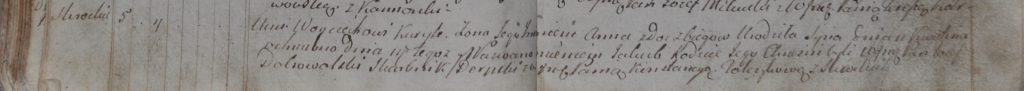 Akt chrztu z parafii Rajgród z 14 kwietnia 1801 r., w którym odnotowano chrzestnego Józefa Dobrowolskiego, skarbnika derpskiego