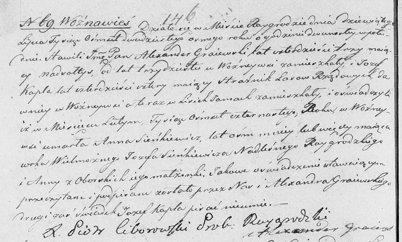 Ponowny zapis aktu zgonu z 1828 r. Anny Sienkiewicz (zmarła w roku 1814)
