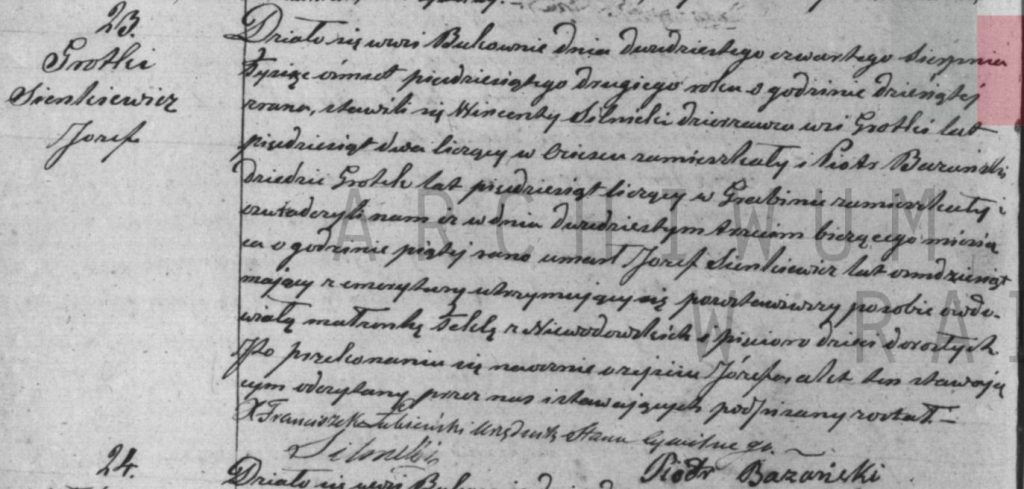 Akt zgonu z 1852 r. Józefa Sienkiewicza (Grotki par. Bukówno). W akcie zgonu podano, że: „z emerytury żyjący zostawił wdowę i pięcioro dorosłych dzieci”