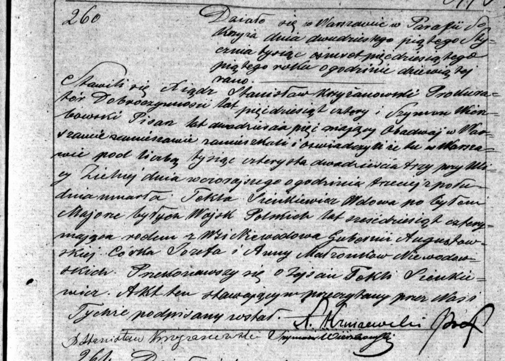 Akt zgonu z 1855 r. Tekli Sienkiewicz z domu Niewodowskej (par. Św. Krzyża w Warszawie). Babcia pisarza Henryka Sienkiewicza pochodziła z Niewodowa (okolice Drozdowa) w Ziemi Wiskiej na Mazowszu