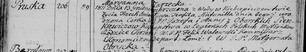 Akt chrztu w par. Bargłów z grudnia 1811 r. Łucji Teofili Antonilli Sienkiewicz