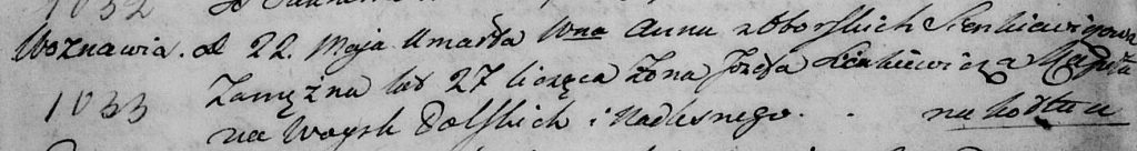 Akt zgonu z maja 1812 r. Anny Sienkiewicz z d. Oborskiej, żony Józefa