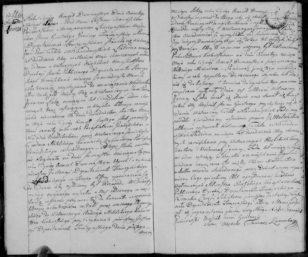 Akt rozwodu w USC Łomża z lipca 1812 r. Tekli z Niewodowskich i Ignacego Łady
