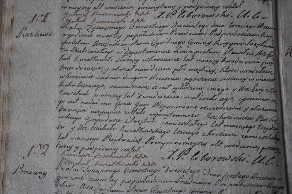 Wpis "cywilny" (wg Kodeksu Napoleona).Księga urodzeń par. Rajgród 1809-1810. Archiwum parafialne