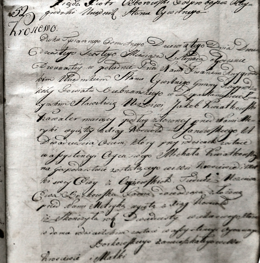 Wpis „cywilny” wg Kodeksu Napoleona. Akt nr 52. Księga ślubów par. Rajgród 1809. Archiwum parafialne Wpis „cywilny” wg Kodeksu Napoleona. Akt nr 52. Księga ślubów par. Rajgród 1809. Archiwum parafialne