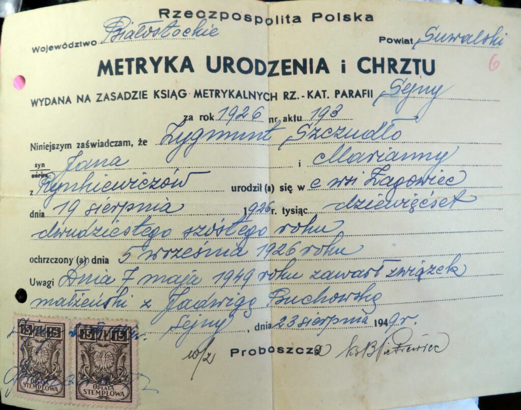 Metryka urodzenia Zygmunta Szczudło