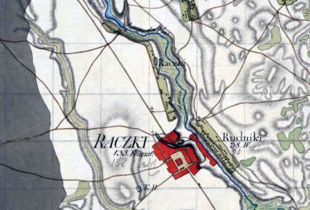 Miasto i wieś Raczki na pruskiej mapie wojskowej z lat 1795-1805.
