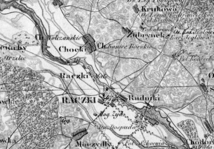 Małe Raczki on the map of the Quartermasteries from 1839. Małe Raczki na mapie Kwatermistrzostwa z roku 1839.