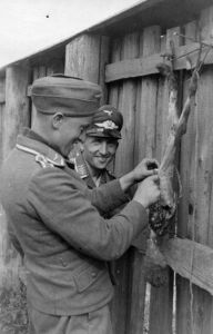 Żołnierze Luftwaffe oprawiający zająca. Małe Raczki. Rok 1941.