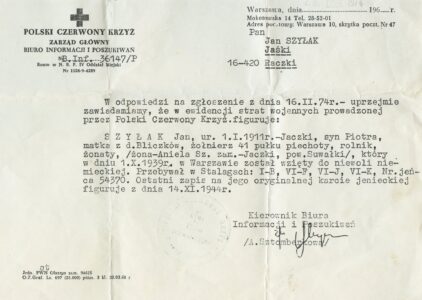 Odpowiedź Biura Informacji i Poszukiwań PCK z roku 1974. Odpowiedź Biura Informacji i Poszukiwań PCK z roku 1974.