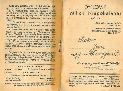 Dyplomik Milicji Niepokalanej. Dyplomik Milicji Niepokalanej.