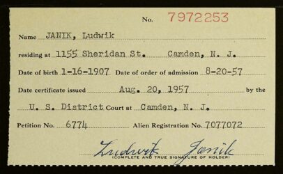 Certyfikat naturalizacji Ludwika Janika z 1957 r., źródło: FamilySearch Certyfikat naturalizacji Ludwika Janika z 1957 r., źródło: FamilySearch