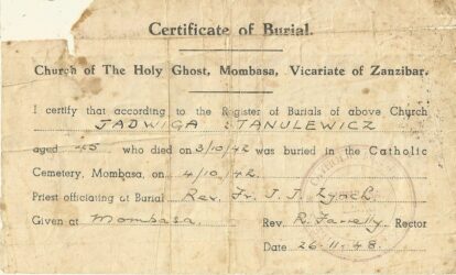 Metryka pogrzebowa Jadwigi Stanulewicz wystawiona przez proboszcza parafii św. Ducha w Mombasie Metryka pogrzebowa Jadwigi Stanulewicz wystawiona przez proboszcza parafii św. Ducha w Mombasie