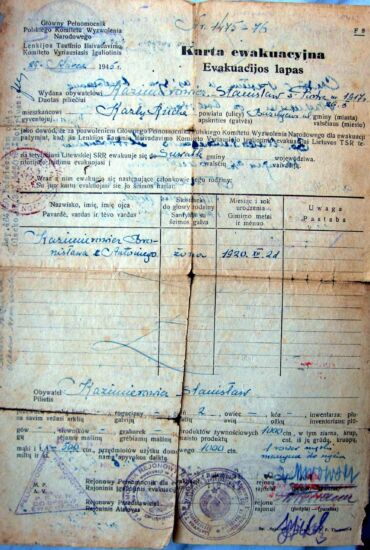 Dokument o ewakuacji z Litwy do Polski Dokument o ewakuacji z Litwy do Polski