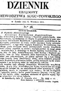 Ogłoszenie o poszukiwaniu geometrów z 1817 roku (źródło: Dziennik Urzędowy Woj. Augustowskiego z 1817 roku nr 36, biamet.pl)
